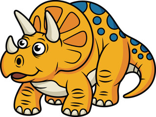 Cartoon triceratops, orange dinosaur, blue spots, smiling face, vector art, kids illustration, prehistoric animal, friendly character, educational design, fun style