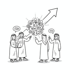 Four Arab men discussing a new idea with an upward arrow, brainstorming and sharing thoughts.