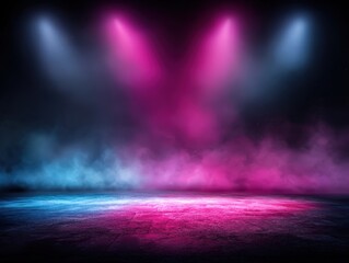 Vibrant colorful stage lighting with pink blue and purple spotlights illuminating foggy empty concert or event space