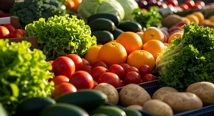 Outdoor market with fresh fruits and vegetables displayed on colorful stalls under daylight
