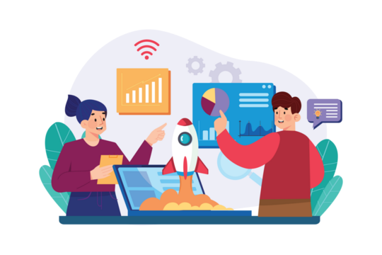 Cartoon People Launching Rocket from Laptop with Transparent Background