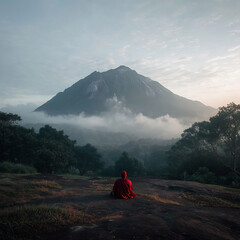 Spiritual Figure in Red Robe Meditating Towards Majestic Misty Mountain at Sunrise, Serene Nature Landscape