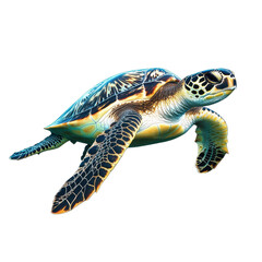 Fototapeta premium Majestic Green Sea Turtle Swimming Underwater Dark Background isolated on a white background