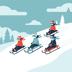 Naklejka premium Four children in winter attire sledding down a snow-covered hill, enjoying the outdoor activity.