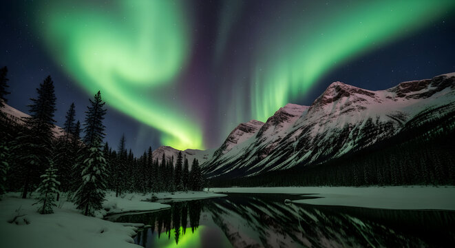 Majestic aurora borealis dances across a starry night sky above snow-capped mountains and a tranquil lake.
