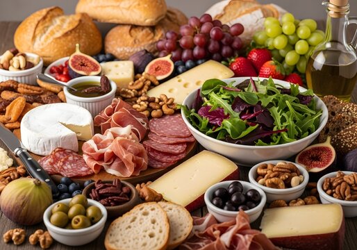 Delicious charcuterie board with cheese bread and fresh fruit for a perfect appetizer or snack time - Powered by Adobe