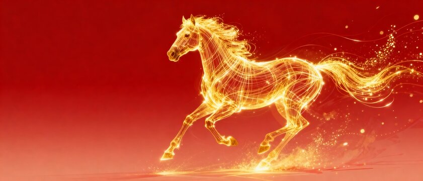 Golden horse running on red background