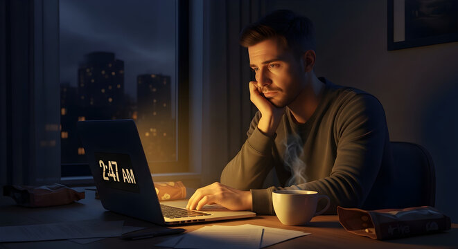 Tired man working late at night on laptop, feeling exhausted and overwhelmed by workload.