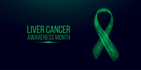 Liver Cancer Awareness Month concept. Banner with emerald green ribbon awareness and text.  Vector illustration.