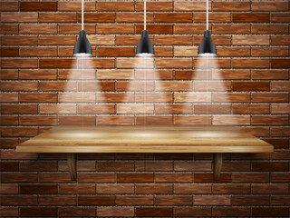 Wooden shelf and lights on brick wall