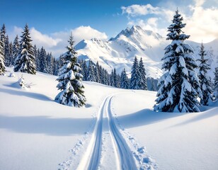 Snowy Mountain Peaks and Fir Trees in Winter Wonderland