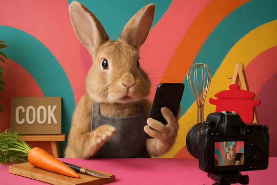 Bunny's Culinary Vlog: A charming bunny, donned in an apron, takes center stage in a vibrant kitchen setting. Capturing an engaging vlog with a carrot as the culinary star. 