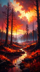 A vibrant autumnal landscape at sunset