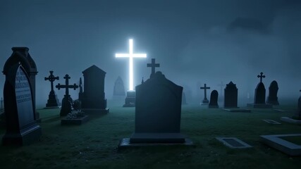 Misty graveyard at night with glowing cross - Powered by Adobe