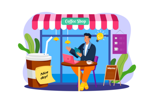Coffee Shop Workspace Illustration with Man Reading Book at Table Under Awning Design and Laptop Against Transparent Backdrop