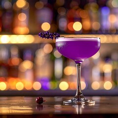 Purple cocktail with lavender garnish on a bar