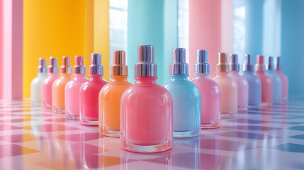 Illustration of bright pastel-colored glass bottle products arranged on a checkered background.