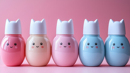 Illustration of a row of kawaii nail polish bottles in bright pastel colors.