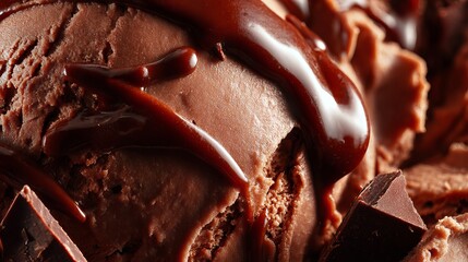 Macro Shot of Decadent Chocolate Ice Cream with Glossy Fudge Sauce, Cinematic Food Photography