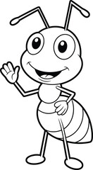 Smiling cartoon ant character, waving insect illustration, black and white line drawing, segmented body, friendly expression, children’s artwork, educational design