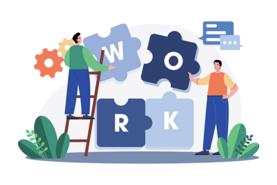 Collaborative Team Assembling Jigsaw Pieces Depicting Work on Transparent Background Flat Vector Illustration