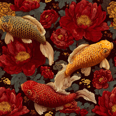 Opulent gold and red koi fish and peony flower seamless pattern in intricate Asian art style