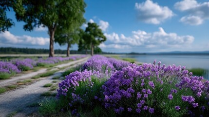 Scenic Lavender Field Path with Lush Trees Against Cloudy Sky and Serene Lake Landscape in Daytime