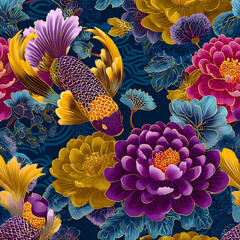 Golden Koi Fish and Luxurious Oriental Flowers Seamless Pattern on Dark Background