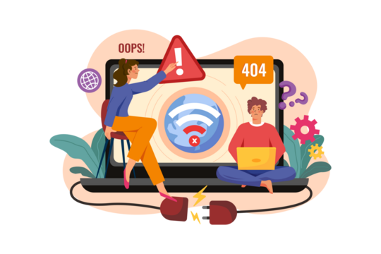 Computer Error Illustration with People and Pixelated Wifi Symbol Transparent Background