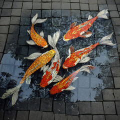 Vibrant Koi fish art installation on dark paved surface, appearing to swim in realistic water reflections and creating an optical illusion.