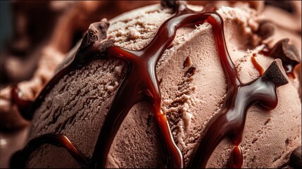 Macro Shot of Decadent Chocolate Ice Cream with Glossy Fudge Sauce, Cinematic Food Photography