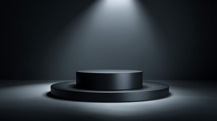 Small matte black metallic podium at bottom center with spotlight and dark gradient background, wide blank area for premium technology display, product launch and commercial branding.