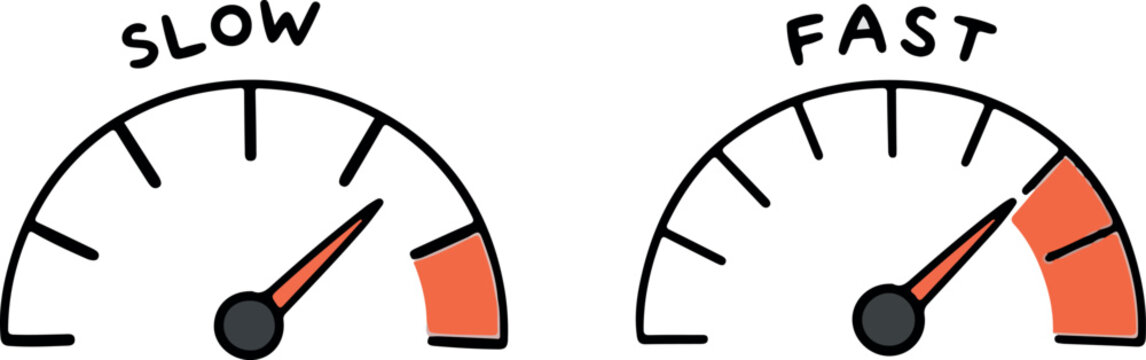 Speedometer Gauges Displaying Slow and Fast Performance Levels.