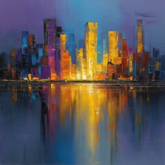 Obraz premium Vibrant cityscape at dusk with dazzling lights reflecting on tranquil water, evoking modern urban energy and artistic flair.
