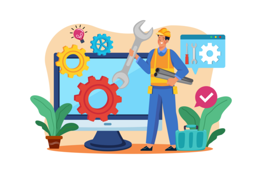 Computer Repairman with Wrench and Gears Against Transparent Background