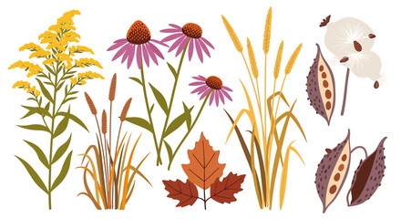 Autumnal Floral and Seed Pod Arrangement with Goldenrod and Coneflowers