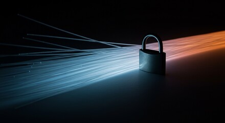 Ciberseguridad y protección de datos: candado metálico con fibra óptica azul y naranja que simbolizan cifrado, red segura, conectividad y privacidad de datos