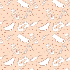 Female menstruation period doodle seamless pattern. Intimate hygiene protection print for paper, textile, label, sale. Hand drawn background.