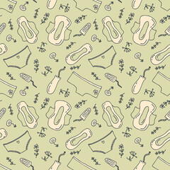 Women supplies for menstruation underpants, pads, tampons doodle seamless pattern. Gynecological hygiene protection template. Hand drawn background.