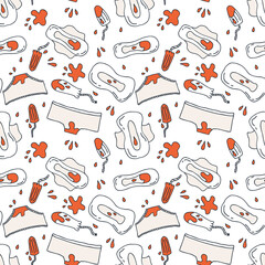 Female gynecological hygiene products doodle seamless pattern. Menstruation period supplies print for paper, textile, label, sale. Hand drawn background.