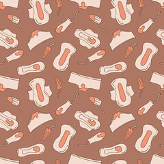 Female hygiene products seamless pattern in trendy mocha mousse colors. Menstruation period supplies template. Hand drawn illustration background.