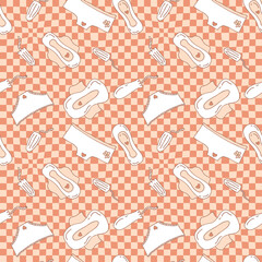 Women period doodle seamless pattern on trippy grid background. Menstrual period underclothing print for paper, textile, label, sale. Hand drawn illustration.