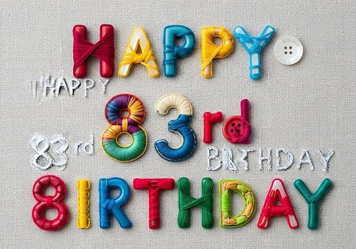 Happy 83rd Birthday greeting crafted with colorful buttons and yarn on a white patterned background.