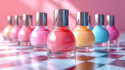 Illustration of a row of light pastel-colored nail polish bottles on a checkerboard background.