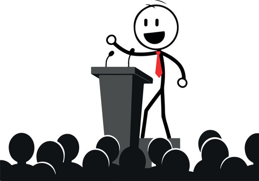 Stick figure giving a speech at a podium to an audience.