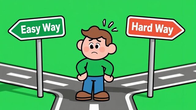 Cartoon character standing with crossroads sign (Left: &ldquo;Easy Way,&rdquo; Right: &ldquo;Hard Way&rdquo;), scratching head in confusion, isolated on chroma green