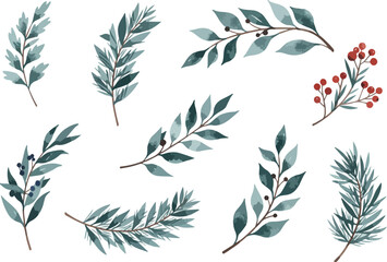 Obraz premium Watercolor botanical illustration of various green leaves and branches.