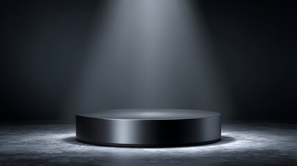 Matte black podium at bottom center with spotlight highlighting small metallic surface, dark gradient background and blank space, designed for luxury tech display and modern advertising concepts.