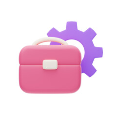 Pink Briefcase and Purple Gear Icon on Transparent Background Illustrating Business Settings and Project Management Workflow in 3D Rendering
