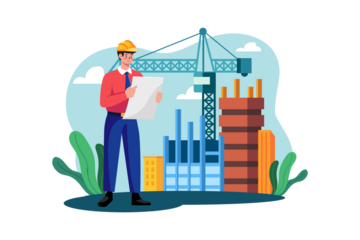 Construction Engineer Inspecting Building Plans with Blueprints and Crane Illustration on Transparent Background
